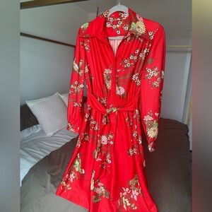 Vintage 70s Red Asian-Inspired Floral Shirt Dress w/ Belt Boho Glam Midi S/M